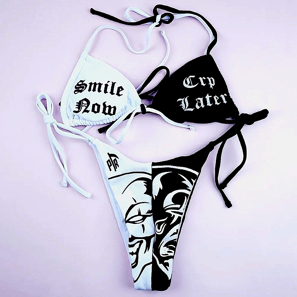 Smile Now Cry Later🎭 black & white bikini set